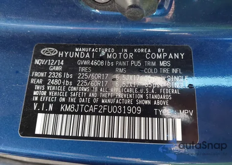 2015 Hyundai Tucson Gls from USA, damaged, VIN KM8JTCAF2FU031909